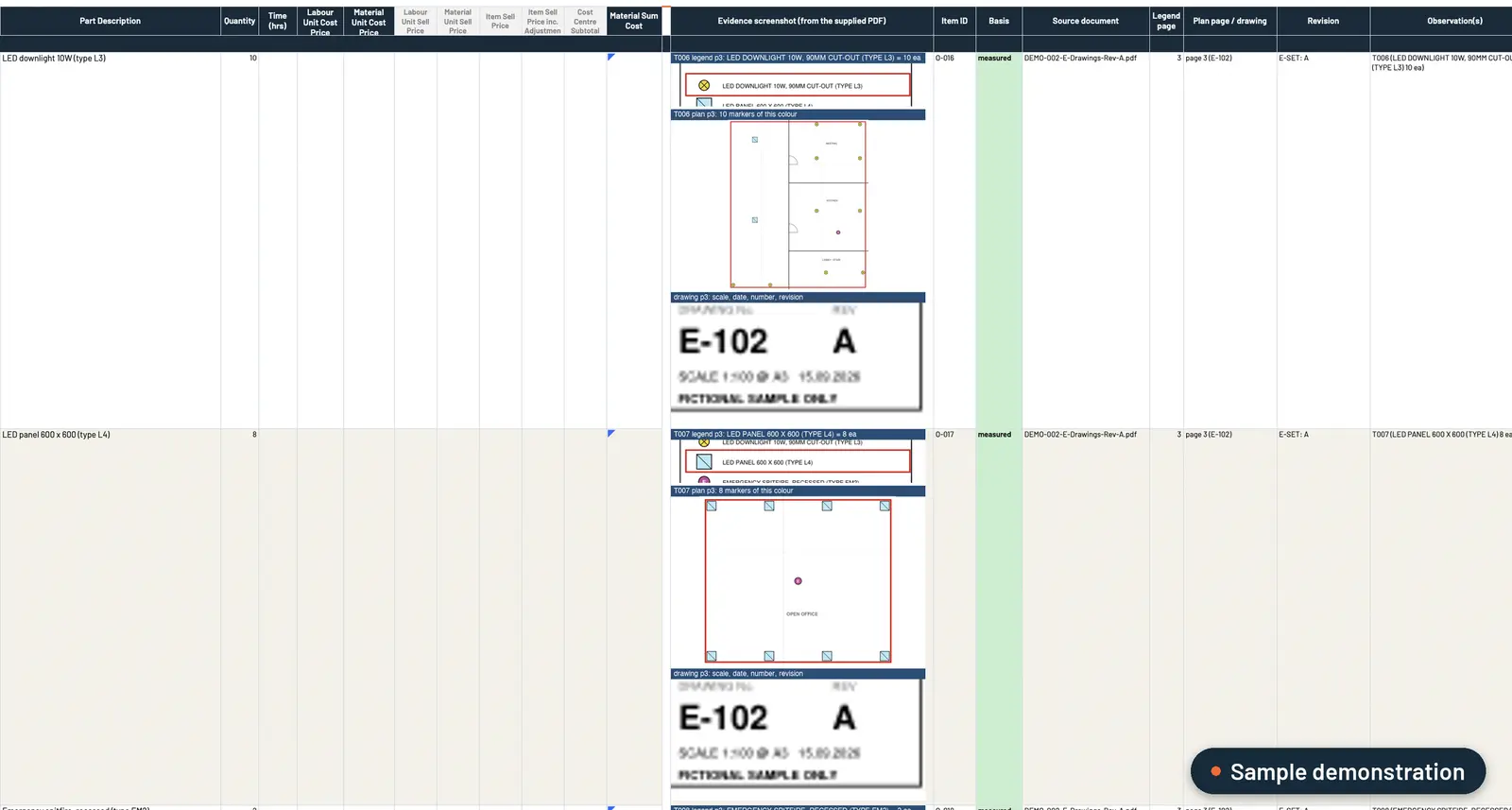 Sample BOQ rows with the legend line, the plan area with the markers counted, and the drawing number, revision and source document beside each quantity