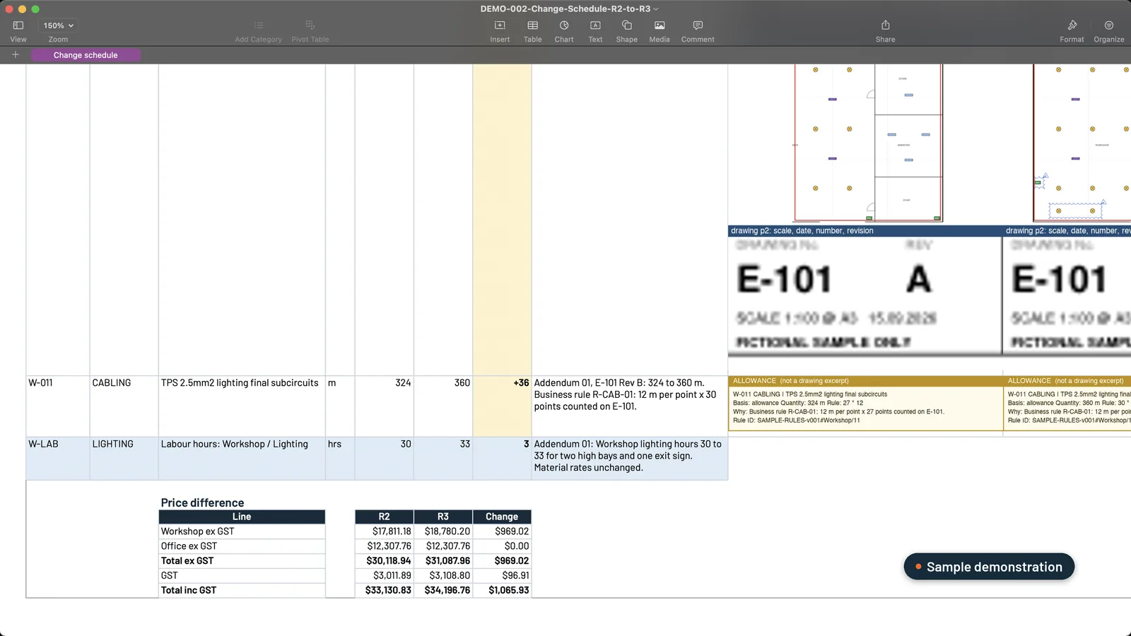 Sample change schedule comparing revision A and B of the drawing, with the rows that changed and the price difference