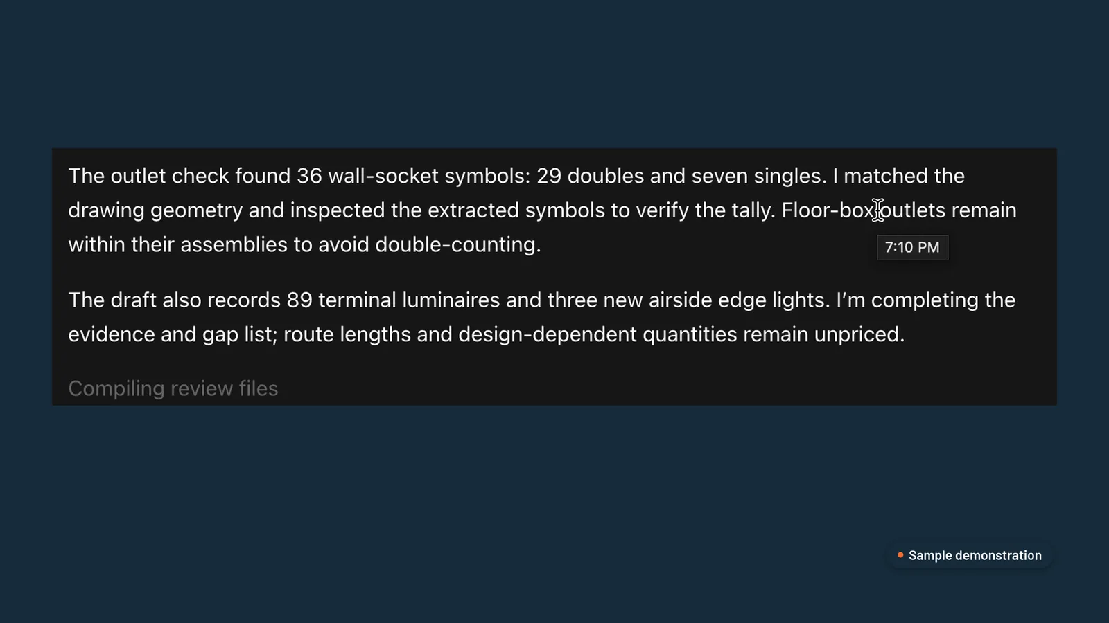 ChatGPT reporting it found 36 wall-socket symbols, matched the drawing geometry, and is completing the evidence and gap list