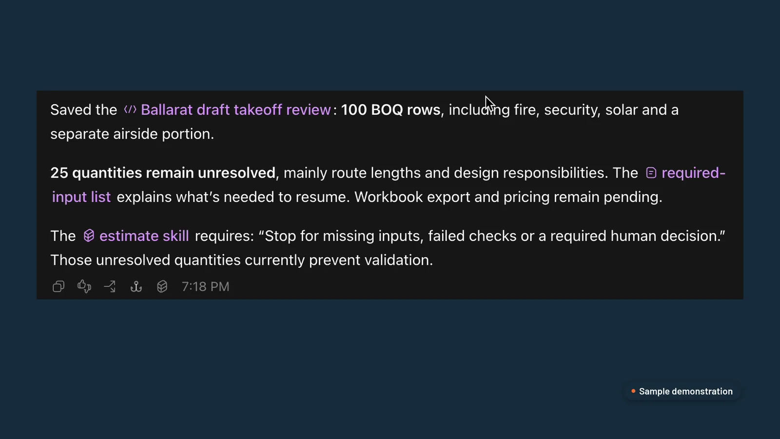 ChatGPT saving the draft takeoff review and listing the quantities that remain unresolved before pricing