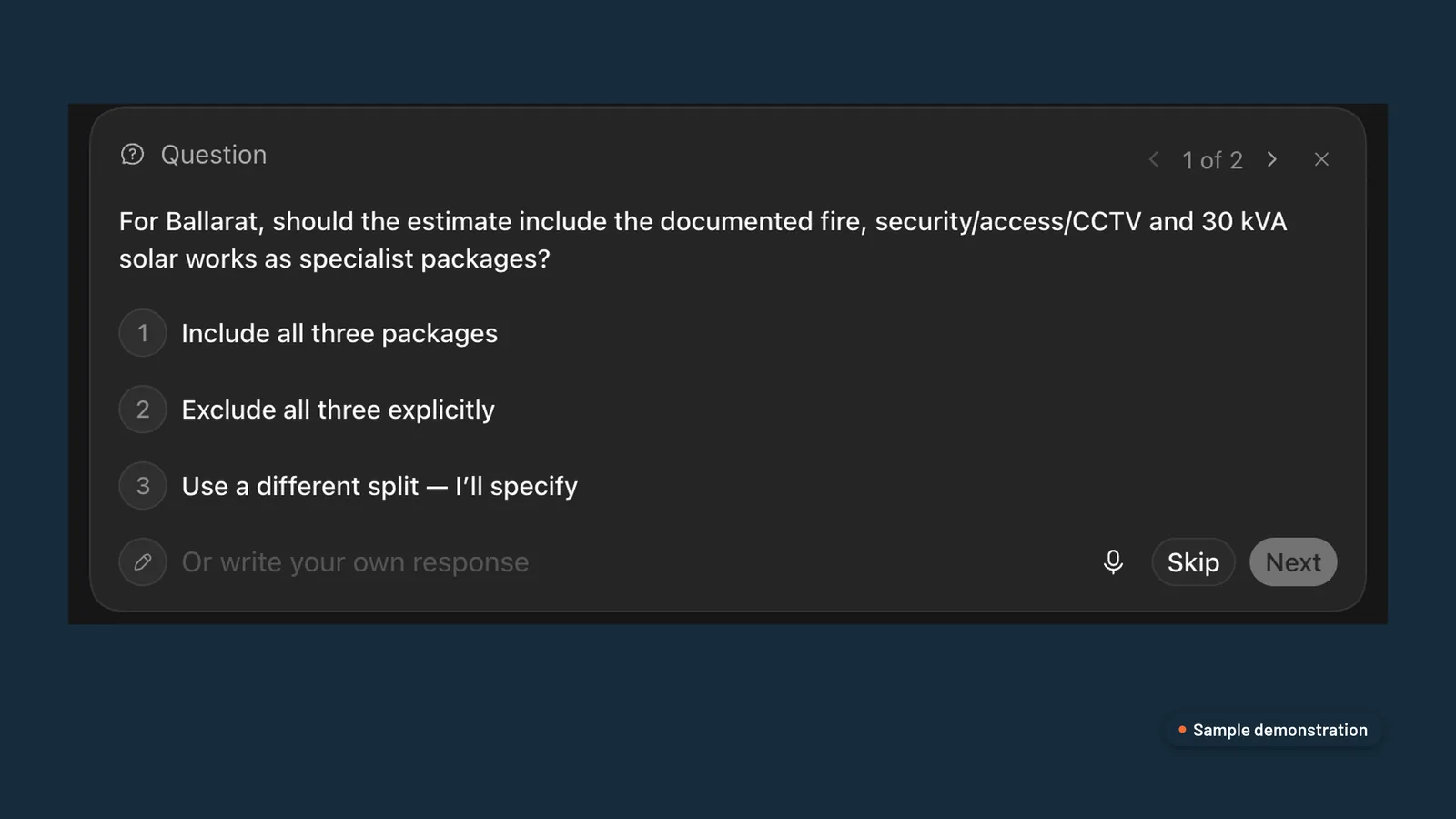 ChatGPT asking whether the estimate should include the fire, security and CCTV packages, with three options to choose from