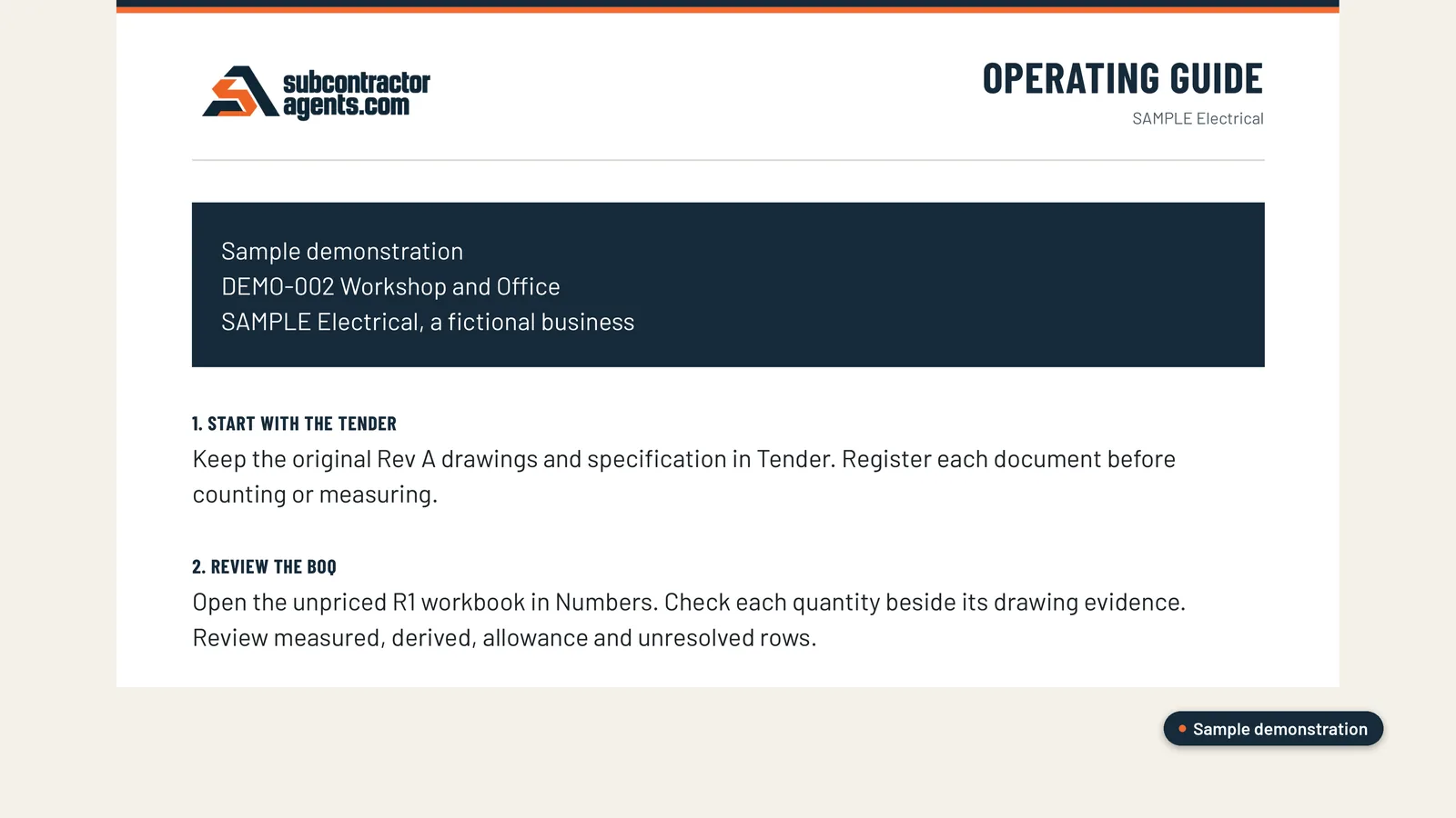 Sample operating guide: start with the tender, then review the BOQ