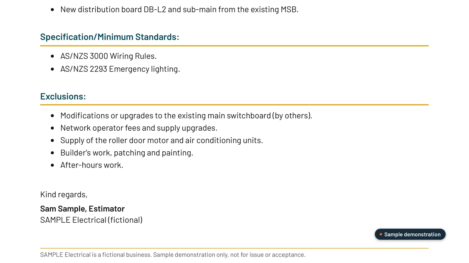 Sample quote page listing the specification standards and exclusions, such as main switchboard upgrades by others and after-hours work