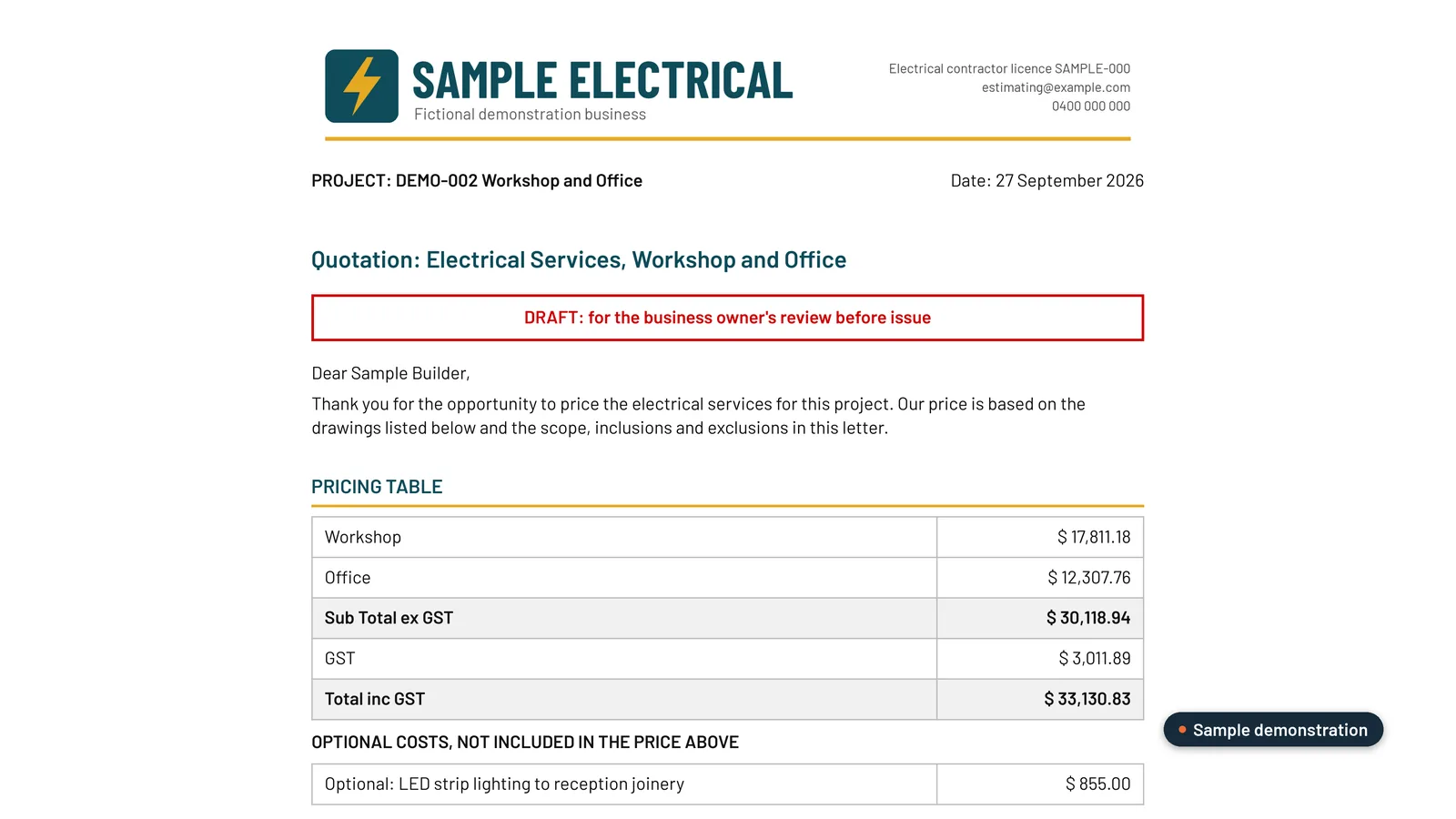 Sample draft customer quote on the business letterhead, with the pricing table and GST