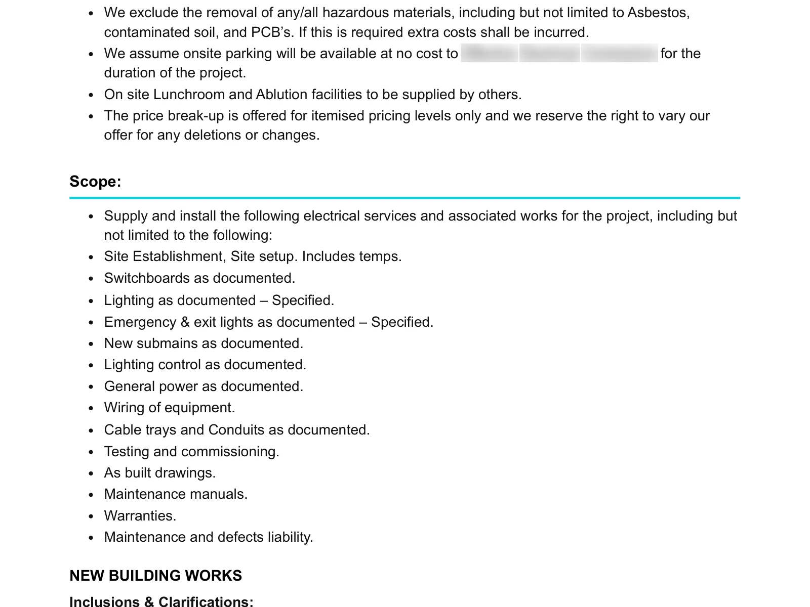 Draft quote letter listing exclusions and scope in the contractor’s own wording. Business name blurred.